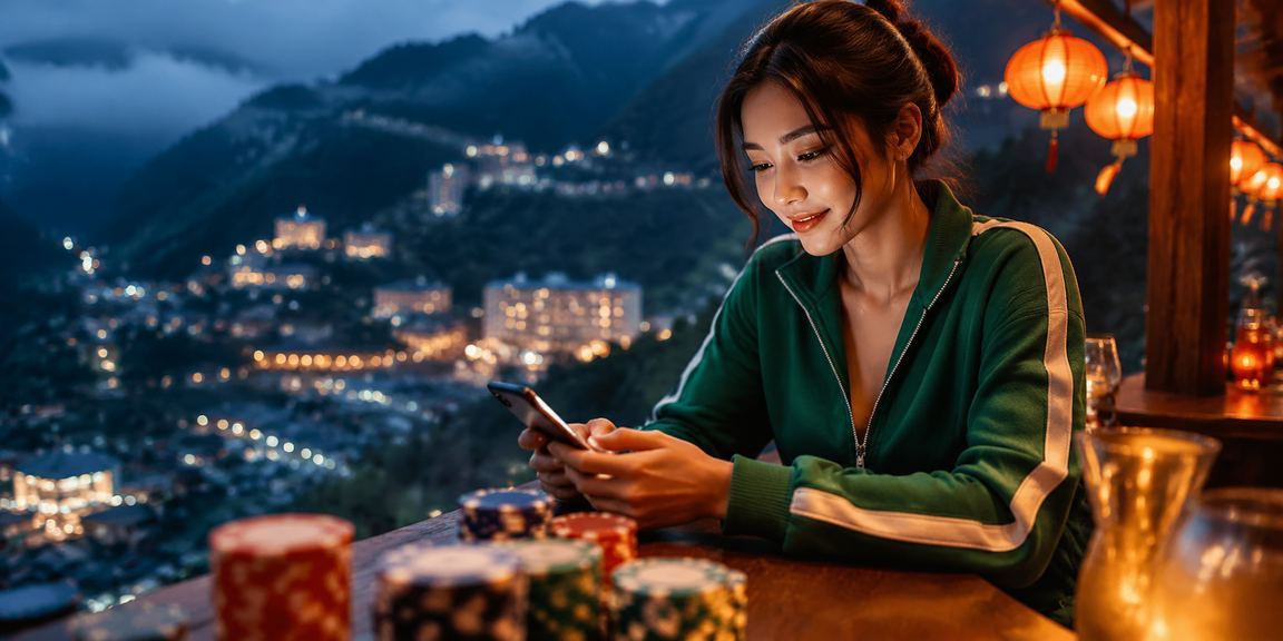 Người phụ nữ mặc áo dài truyền thống tại Hội An trải nghiệm casino di động dưới ánh đèn lồng