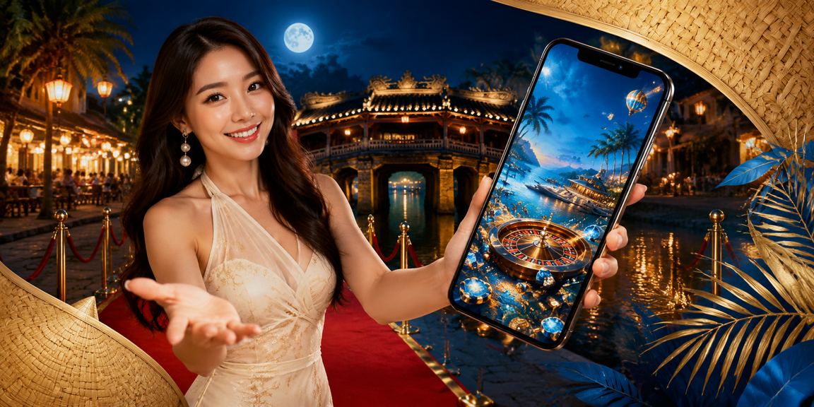 Người dùng đội nón lá tại Hội An trải nghiệm xem kèo trên điện thoại